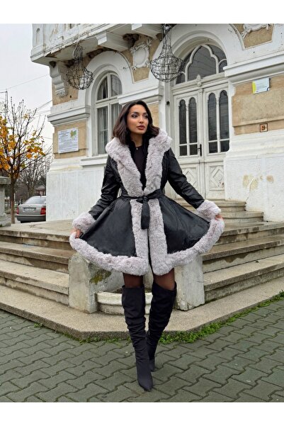 ADAMODA.RO Μακρύ μπουφάν από τεχνητό δέρμα με τεχνητή γούνα