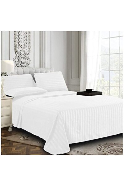 OEM Damask Bed Linen Set for Double Bed with Elastic, 6 Pieces - White, 200x230 cm