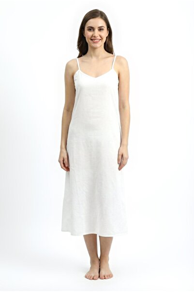 Eliş Şile Bezi Pamuk Şile Bezi Ayarlanabilir İp Askılı Uzun Kombinezon V Yaka Uzun Elbise İç Astarı Jüpon Beyaz Byz