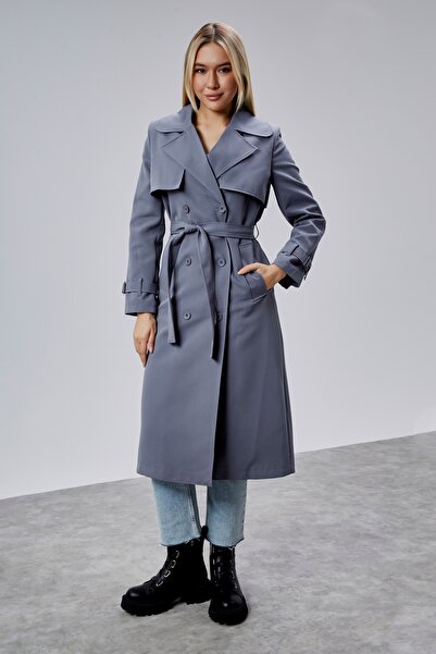 Bolivente Gray Regular Fit Windbreaker Detailed Trench Coat 46636