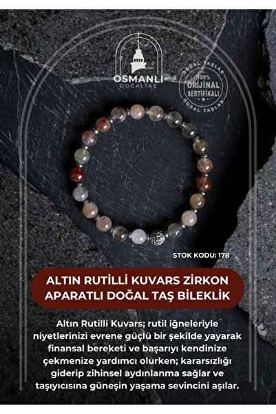 OSMANLI DOĞAL TAŞ Certified Gold Rutile Quartz Natural Stone Bracelet with Zircon Apparatus-6 mm (Sk:178)