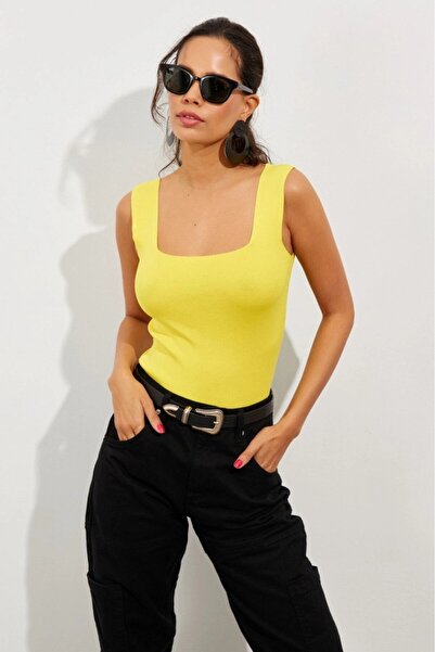 Be Best Women's Yellow Square Neck Knitwear Blouse Be288