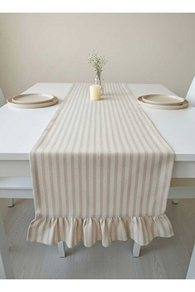 MZN Home 2 Kenar Fırfırlı Şeritli Keten Runner 50x170 cm – %100 Doğal Pamuk
