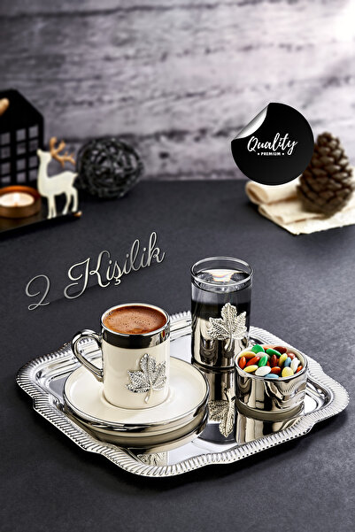 grimorlife 2-Person Silver Porcelain Cup Presentation Set with Tray and Leaf Detail - Promise Engagement Coffee Cup
