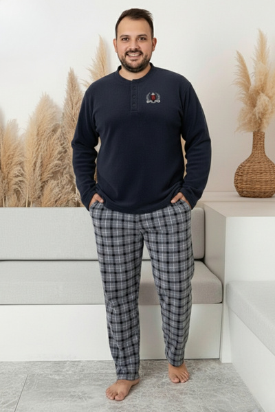 SEBOTEKS Plaid Plus Size Men's Fleece Pajama Set with Pockets 3445