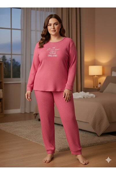 FAMES PİJAMA Women's Plus Size Long Sleeve Corded Fabric Casual Pajamas Set