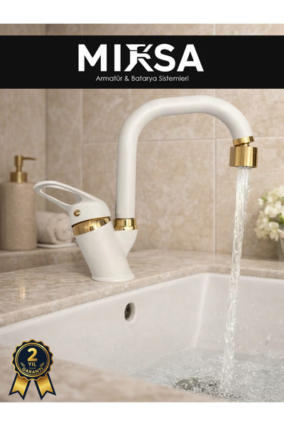 MİXSA Luxury White-Gold Corner Spout Kitchen Sink Faucet with Swivel Head and...