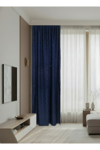 cheap's home Pompom Embossed Textured Modern Linen Background Curtain - No Pleats, Extra Foam, Straight Hanging (Dark Blue)