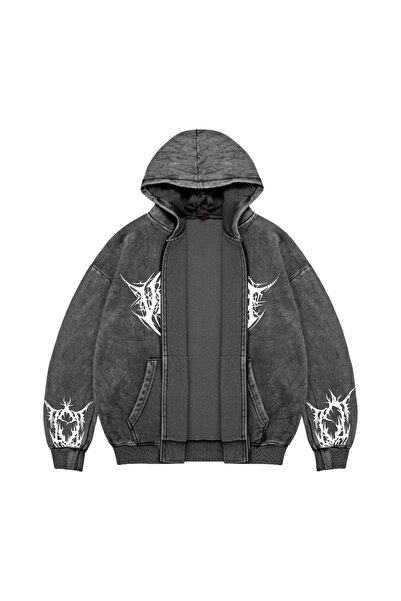 Sokak Butik Vehement Baskılı Fermuarlı Zip Kapüşonlu Unisex Yıkamalı Siyah Sweatshirt