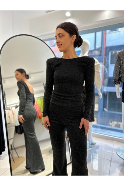 soBasic Ισπανικό Flare Paça Omuz V βάτα Ελαφρύ ασημί πλεκτό σετ με ανοιχτή πλάτη