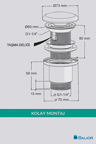 BALİOR Seramik Lavabo Sifonu Koku Engelleyici Aç-Kapa Parlak Beyaz