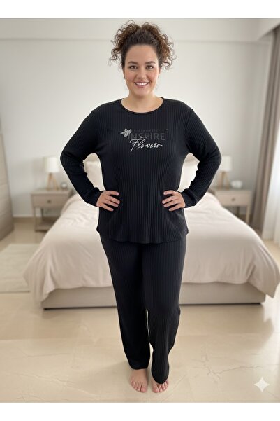 FAMES PİJAMA Women`S Plus Size Corded Fabric Black Inspire Pajama Set