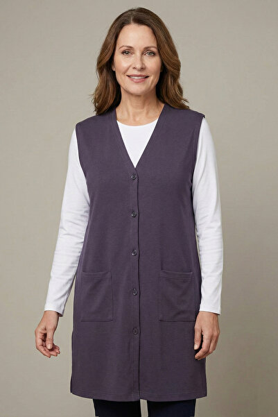 nacar çarşı Women's Mother Gray Buttoned Pocket V-Neck Long Tunic Thin Combed...