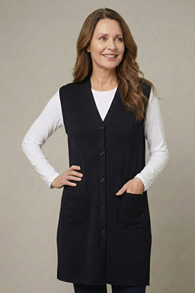 nacar çarşı Women's Mother's Day Black Buttoned Pocketed V-Neck Long Tunic Slim Combed Cotton Vest