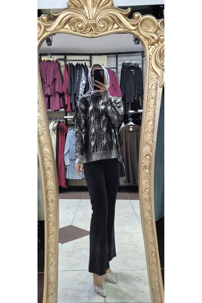 Mintaş Saç örgü varak baskı kazak