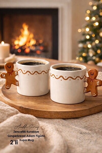 Anadolu Saray 2 Adet Zencefilli Kurabiye Gingerbread Adam Figürlü Seramik Kupa | El Yapımı Kahve Kupası