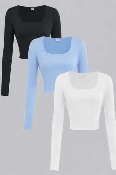 ÖZ PAMUK Τετράγωνος γιακάς 3 τεμαχίων Basic Μακρυμάνικη Μπλούζα από Ύφασμα Λύκρα