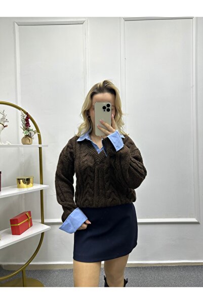 LİSAA BUTİK Women's Collar and Sleeve Shirt Detail Design Sweater