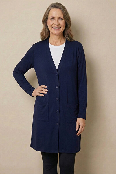 nacar çarşı Women's Mother Navy Blue Buttoned Pocketed V-Neck Long Tunic Thin...