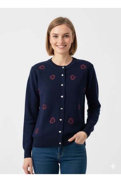ModaPlaza Women's Acrylic Heart Printed Cardigan 3245