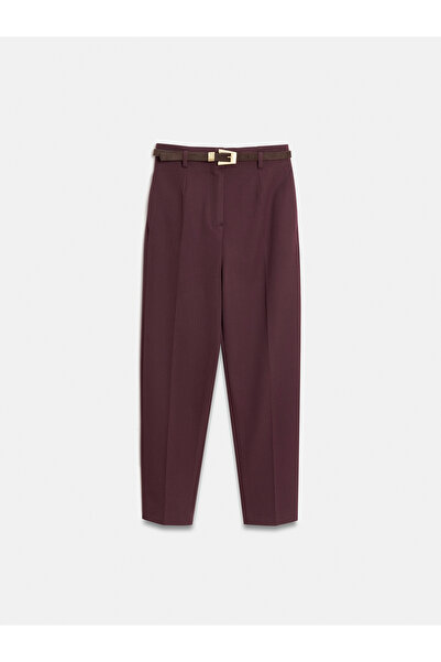 Dilvin 72242 Belted High Waist Trousers-Burgundy
