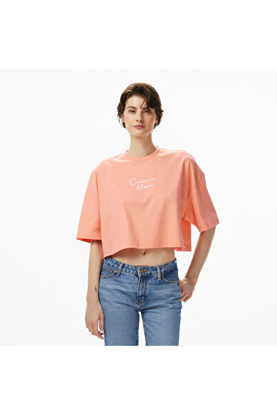 Calvin Klein Cropped Boxy Chain Stitch Logo Kadın Pembe Crop T-Shirt
