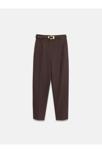 Dilvin 72242 Belted High Waist Trousers-Brown