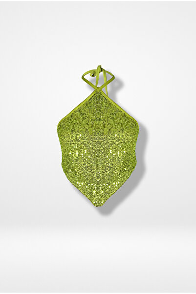 Muu&Lorg Yağ Yeşili Pul Payet Boyundan Bağlamalı Sırtı Açık Crop