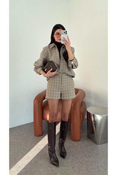 HAZELANNA Ekoseli Krem Şort