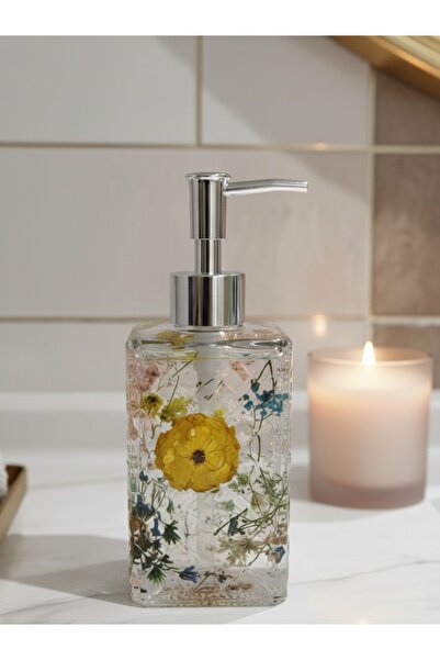 BG CONCEPT Gerçek Kurutulmuş Çiçekli Dayanıklı Epoksi Sıvı Sabunluk - Lüks Banyo Aksesuarı