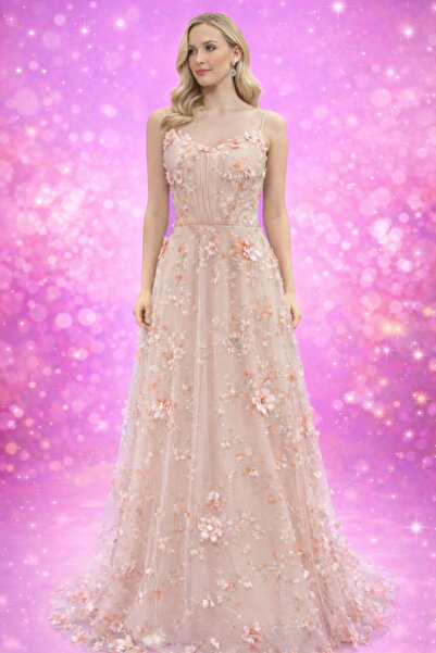 Hüseyin Baştürk 3 BOYUTLU ÇİÇEK DESENLİ STRAPLEZ ABİYE