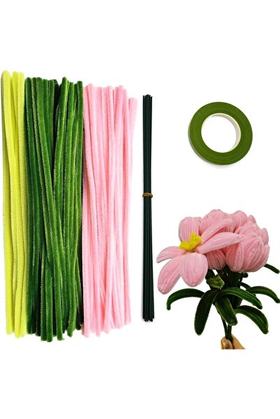 Hobialem 100 Adet 3'lü Şönil Seti Soft Pembe(45) , Haki Yeşil(45) ve Sarı(10) Çiçek Teli ve Çiçek Bandı
