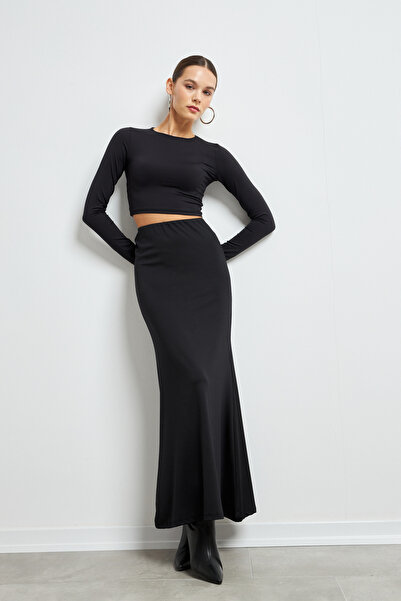 Bipantolon Women's Black Stretch Fabric High Waist Fitted Relaxed Polyamide Maxi Basic Skirt