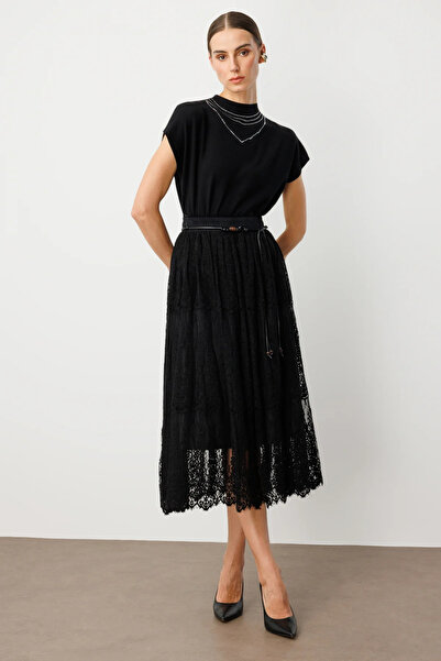 Ekol Beli Bağcıklı Dantelli Etek 2419