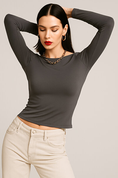 WILD BEE Women's Smoked Boat Neck Long Sleeve Blouse