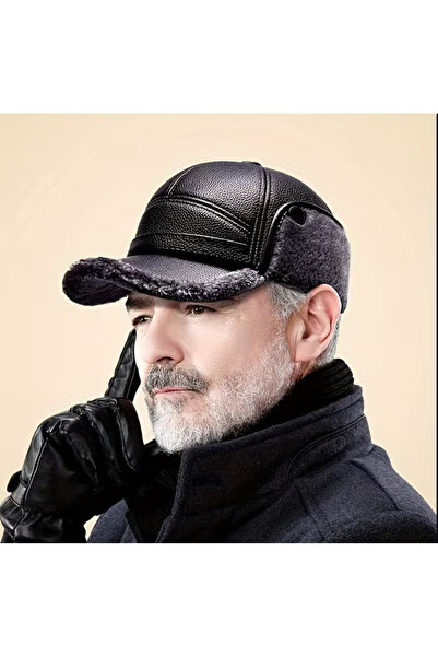 BABUN Suni Deri İçi Kürklü Kulak Korumalı Erkek Şık Kışlık Kasket Şapka Bere