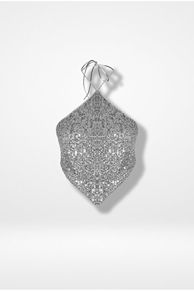 Muu&Lorg Gümüş Pul Payet Boyundan Bağlamalı Sırtı Açık Crop