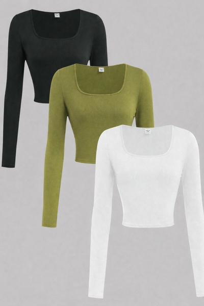 ÖZ PAMUK Kare Yaka 3 lü ADET Basic DÜZ Kumaş Uzun Kollu Likralı Bluz