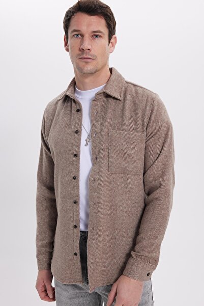 Tudors Men's Slim Fit slim fit twill lumberjack pocket sport collar brown shirt