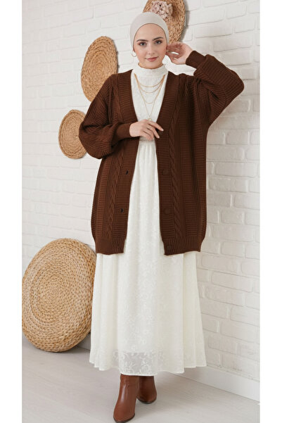 Sun Art Knitting Coffee Hair Braid Balloon Sleeve Long Women's Knitwear Knitted Cardigan (80cm)