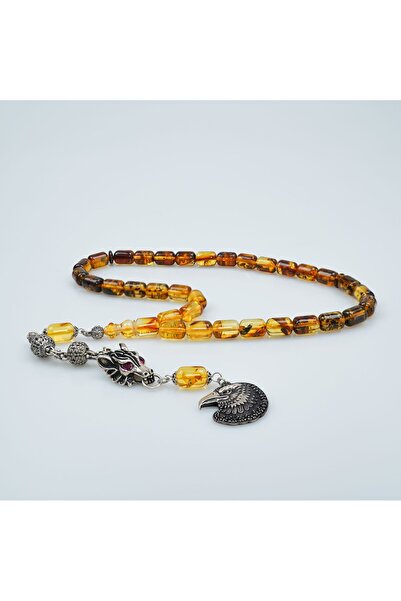 vovoyo Gümüş Kurt ve Kartal Figürlü Fosilli Damla Kehribar Tesbih