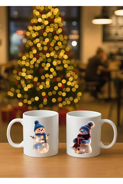 California ST Yılbaşı Konseptli Sevgili-Çift Kardan Adam Tasarımlı Kupa Bardak