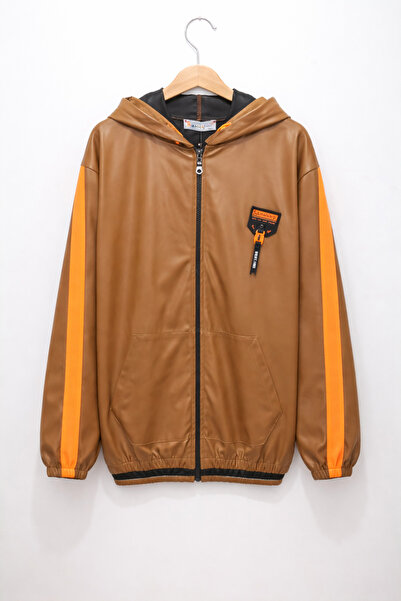 ÖZNUR Kapüşonlu Şerit Detaylı kız Çocuk Fermuarlı derili hırka