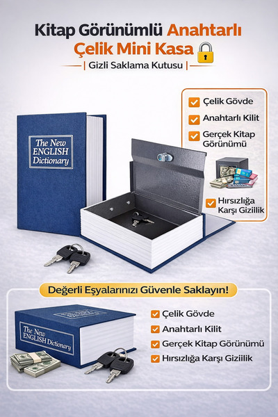 HGROUP Kitap Görünümlü Anahtarlı Çelik Mini Kasa | Gizli Saklama Kutusu | Kilitli Güvenli & Değerli Eşya