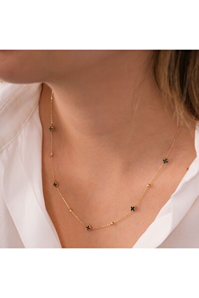 by milo jewellery 14 Ayar Onix Clover Altın Kolye