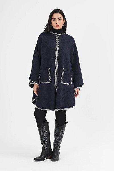 Uludağ Triko Kadın Lacivert Çoban Dikişli Triko Panço