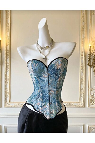 Tual Mavi Desenli Özel Dokulu Straplez Büstiyer Korse