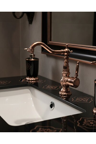 EMFA AKSESUAR Bakır İşlemeli Lavabo Bataryası Rustik Lavabo Musluğu Bakır Ban...