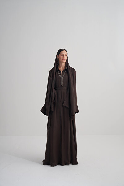 moreno silk Kahverengi Cupro Jakar Yapraklı Abaya