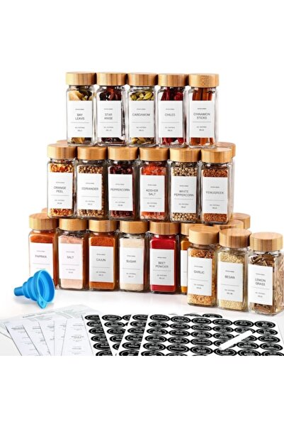 JABAL Set premium de 24 de borcane de condimente din sticlă cu capace din bambus